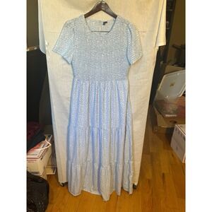 Zattcas Blue White Ditsy Floral Smocked Tiered Midi Dress Women Size M Prairie
